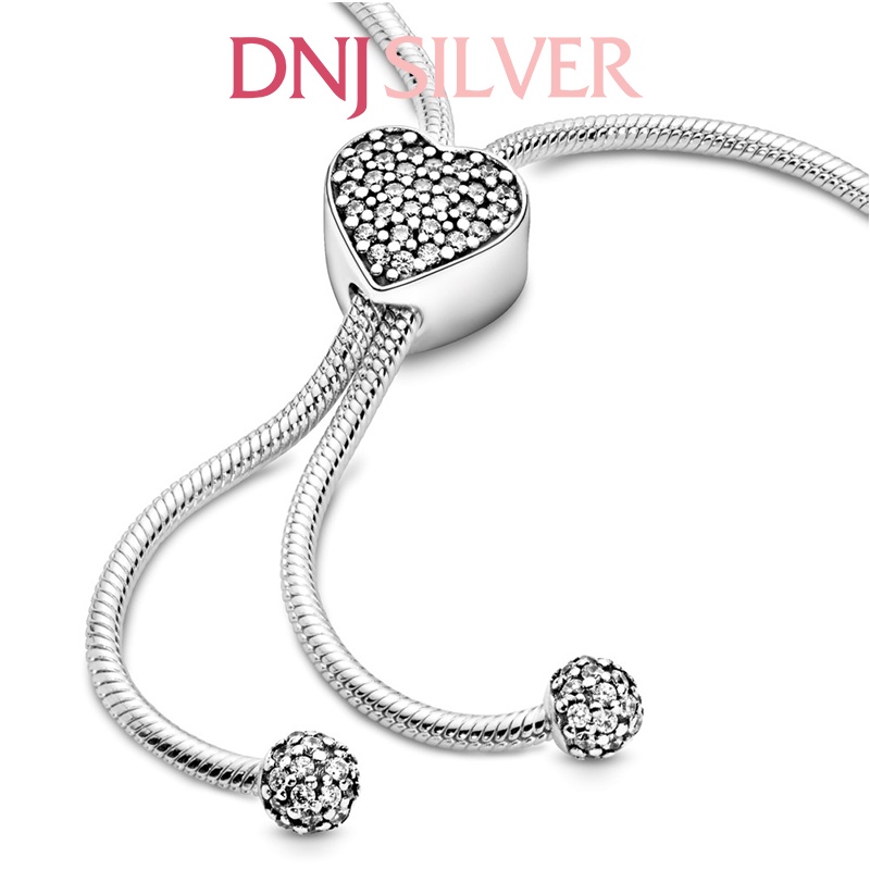 Vòng tay bạc 925 cao cấp - Mẫu vòng Pavé Heart Clasp Snake Chain Slider, vòng freesize điều chỉnh size linh động