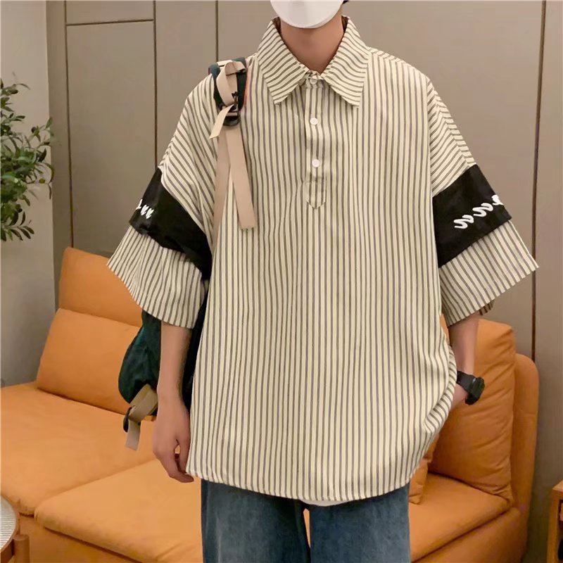Áo polo Ngắn Tay Dáng Rộng Kẻ Sọc Thời Trang Mùa Hè Phong Cách Nhật Bản Cho Nam