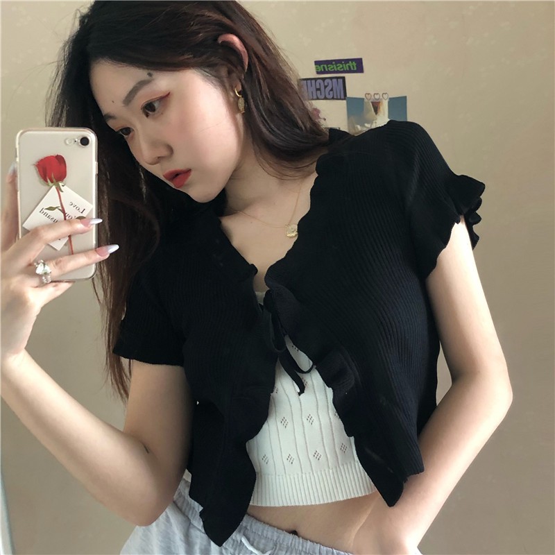 Cocory vn Áo kiểu cardigan màu trơn phối dây thắt dễ phối đồ 5 màu sắc tùy chọn quyến rũ thời trang cho nữ