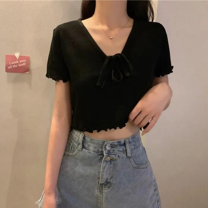 ❤️❤️Áo crop top dệt kim tay ngắn hở rốn đính nơ dễ thương quyến rũ cho nữ