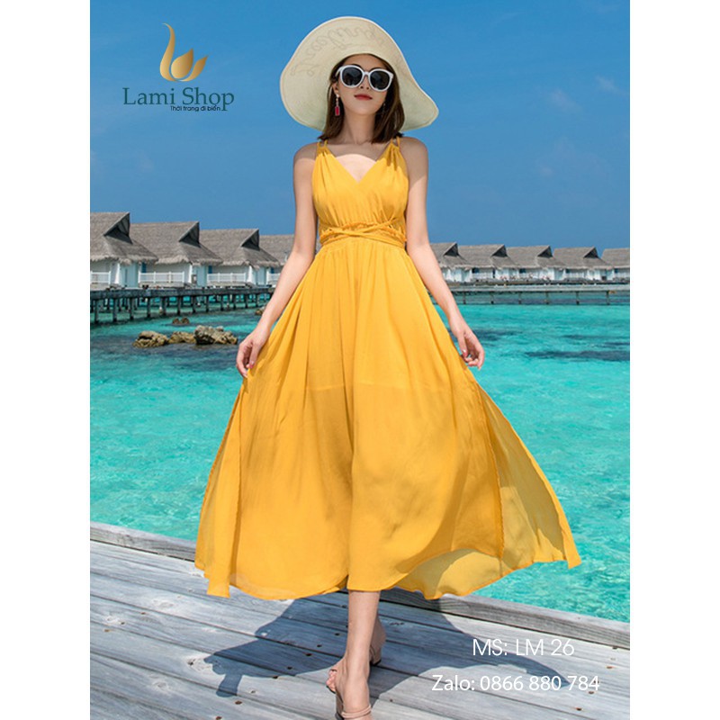 Váy đi biển hở lưng màu vàng - Lami Shop new