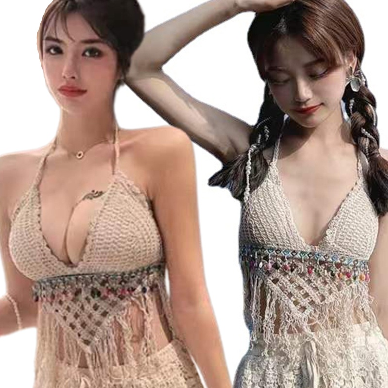 Brroa Áo Ngực Đan Móc Tam Giác Viền Sọc Caro Dạng Dây Tua Rua Xỏ Hạt Rỗng Cho Nữ T