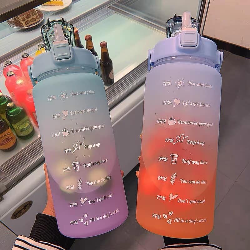 Bình nước chia vạch 2 lít  kèm ống hút, bình nước chia vạch nhắc giờ uống nước - tặng sticker 3D