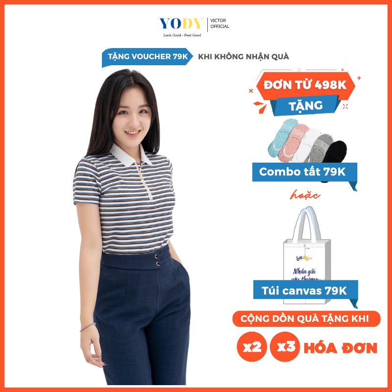 Áo Polo Nữ YODY Kẻ Sọc Ngang Kéo Khóa Cách Điệu Chất Cotton Thoáng Khí APN3766