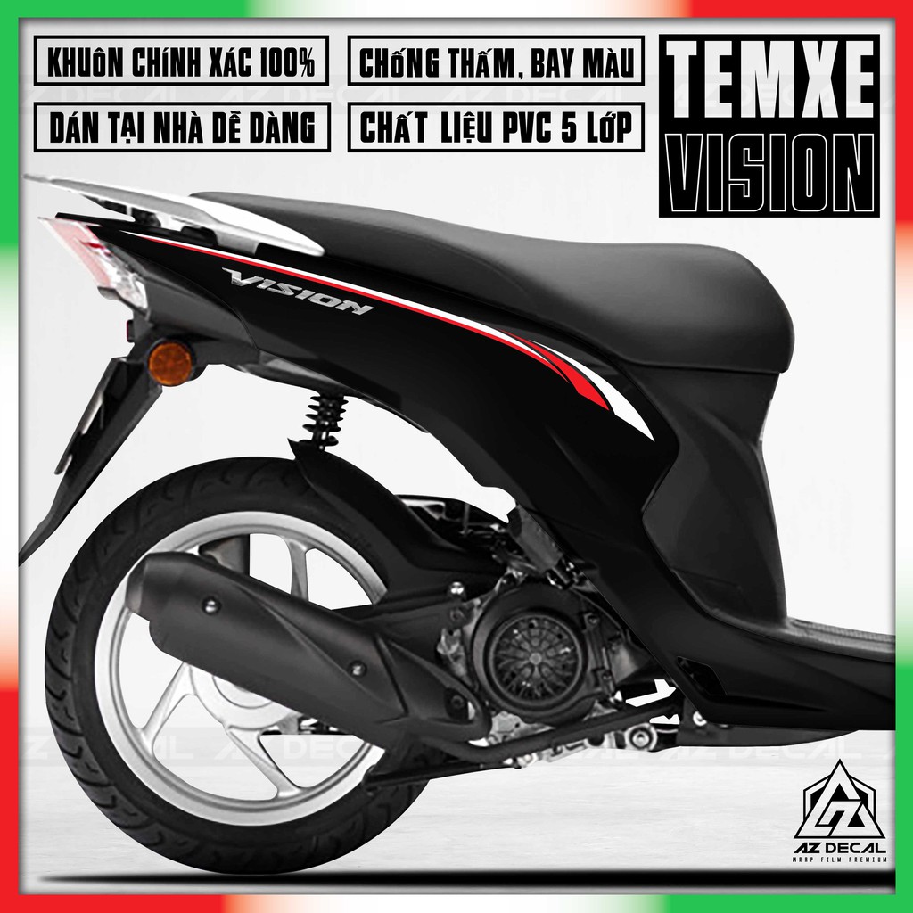 Tem Xe Vision Chỉ Đỏ Trắng | VS152001TC| Chất Liệu Vinyl Cao Cấp, Khuôn Sẵn, Dễ Dán Tại Nhà