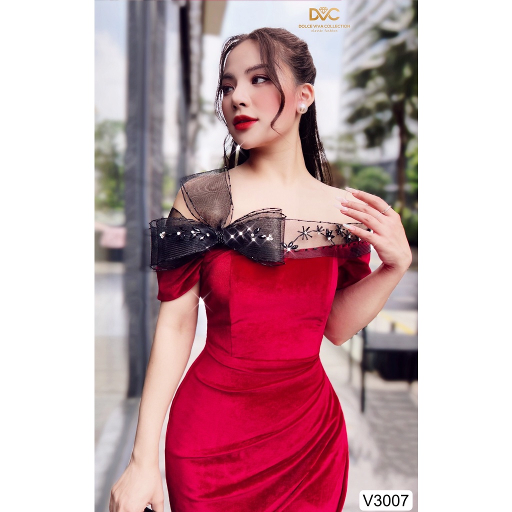 Váy thiết kế cao cấp dự tiệc đám cưới nhung đỏ V3007 -DVC