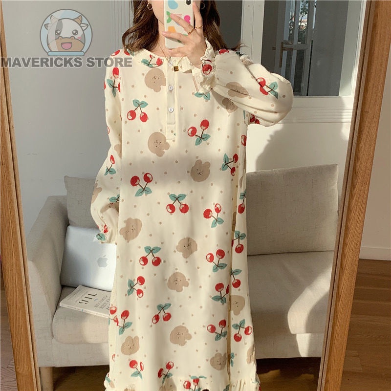Đầm ngủ FDS dáng dài tay dài họa tiết cherry thời trang Hàn Quốc cho nữ