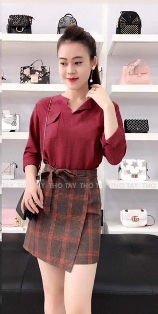 Áo sơ mi cổ trụ hai túi, kèm hình thật