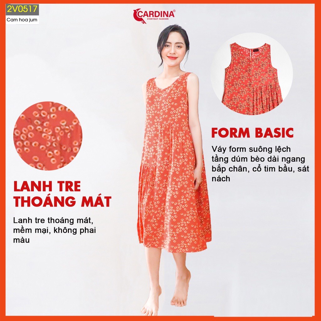 Đầm nữ mùa hè CARDINA cao cấp sát nách chất lanh nhung  họa tiết hoa kiểu dáng baby doll lệch tầng 2V05