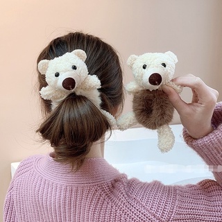 Dây Cột Tóc Cao Su Co Giãn Phối Lông Xù Hình Gấu Dễ Thương Phong Cách Hàn Quốc