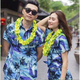 Đồ bộ đi biển họa tiết cây dừa nền xanh thích hợp làm đồng phục đi biển, đồng phục gia đình