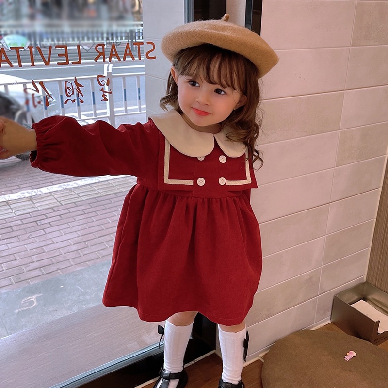 Đầm nhung dáng xòe cổ búp bê xinh xắn cho bé gái