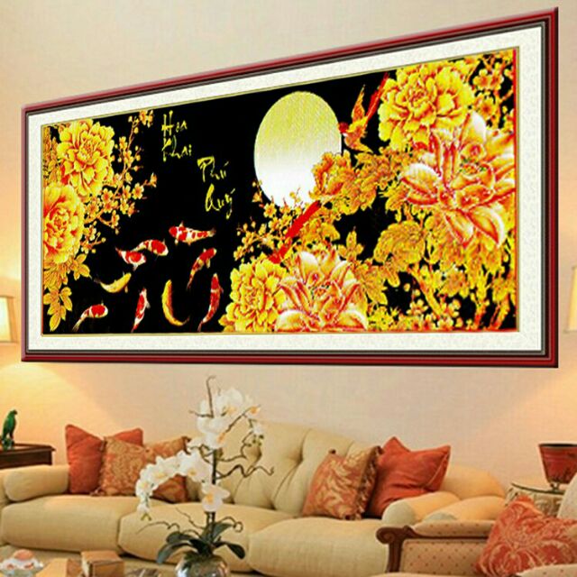 Tranh thêu chữ thập 3D CÁ CHÉP NGẮM TRĂNG (222557)144×63 cm chưa thêu.