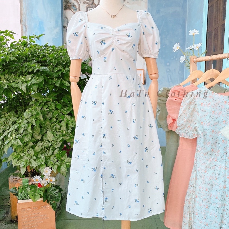 Jina Dress - Đầm midi hoa nhí xẻ tà tay phồng nhẹ nhún ngực siêu xinh