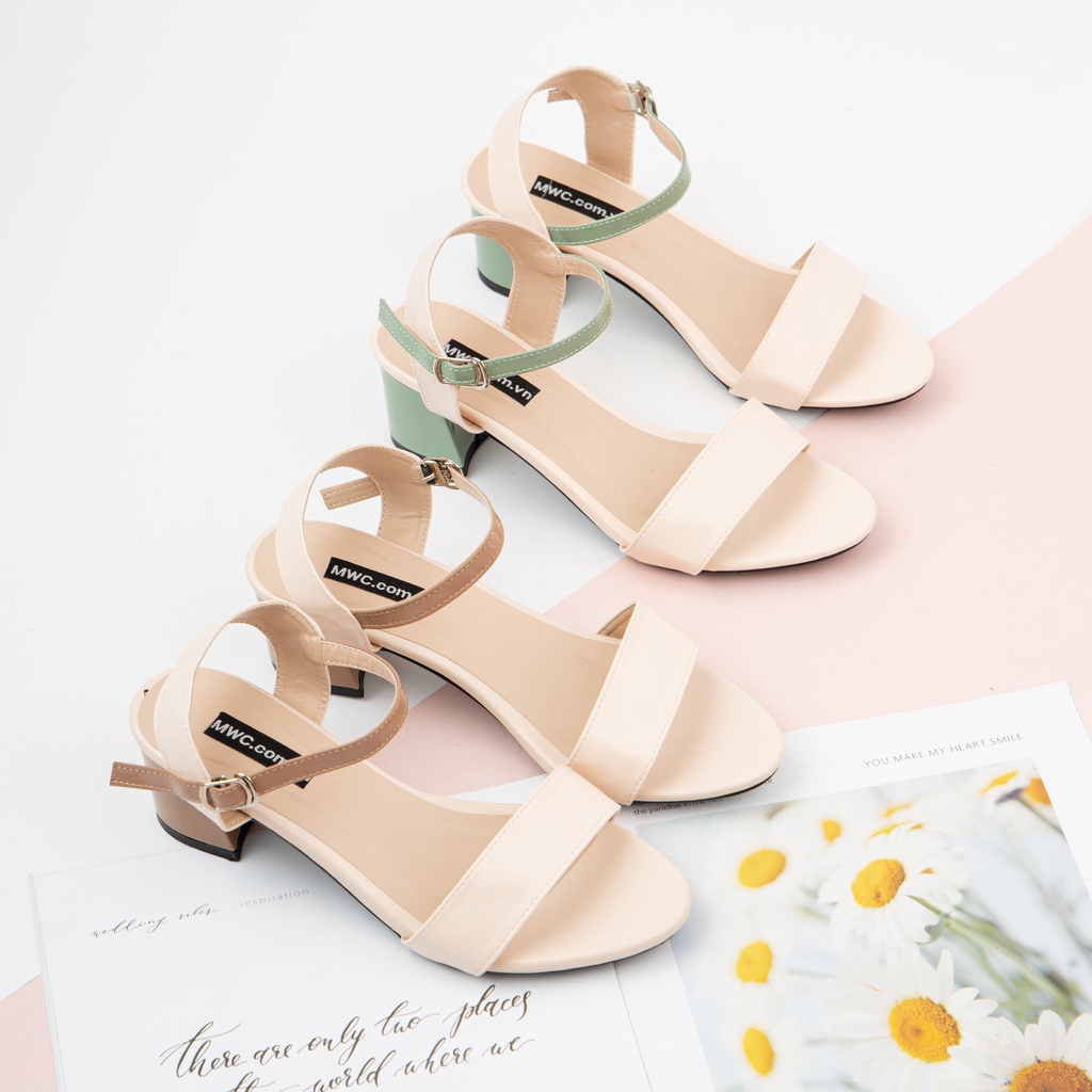 Giày MWC 3920 - Giày Sandal Cao Gót Đế Vuông 5CM Hở Mũi Quai Ngang Màu Xanh Nâu Sang Trọng