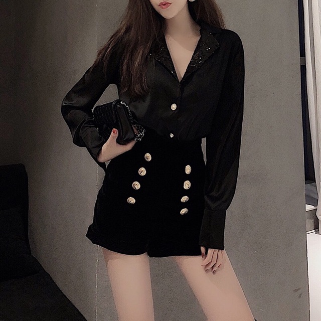Set áo sơ mi lụa cổ kim sa+sooc nhung cạp cao