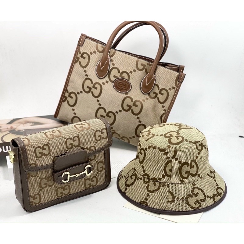 SET TÚI ĐEO CHÉO HÀ HỒ SIZE 16 SIZE 22 KÈM NÓN TAI BÈO BUCKET NAM NỮ UNISEX VIỀN DA VẢI DỆT CAO CẤP G.U.C.C.I