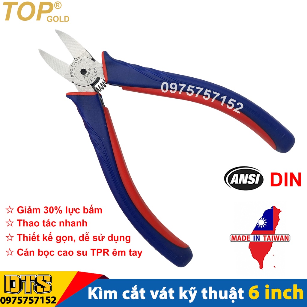 Kìm cắt kỹ thuật trợ lực lưỡi bằng 6 inch TOP GOLD, cắt bavia nhựa, kềm cắt dây điện, kim loại mỏng, trang sức quý