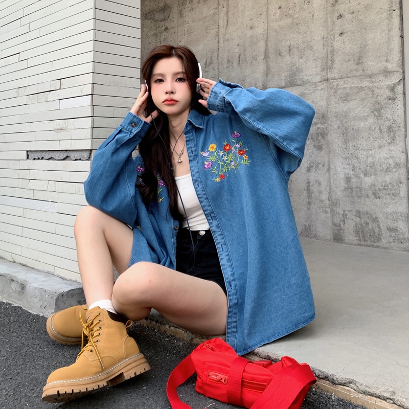 ZHELIHANGFEI Áo Khoác Denim Tay Dài Form Rộng Họa Tiết Thêu Theo Phong Cách Retro Dễ Phối Đồ