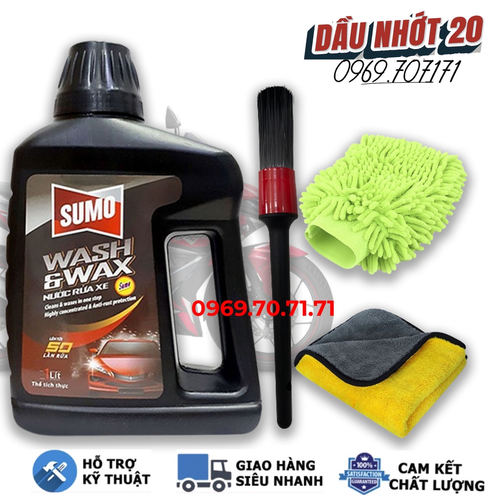[Combo] Nước rửa xe Sumo Wash&amp;Wax (1 lít) kèm cọ lông heo cán đen kèm bàn chải, khẳn vàng xám 30x30