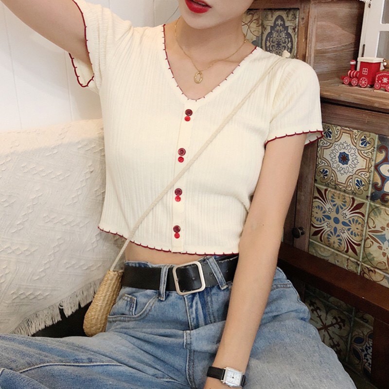 Áo Len Tăm Dệt Kim Tay Ngắn 🎀 Áo croptop kiểu ngắn tay phong cách ulzzang Hàn Quốc C36 - Maoshop | BigBuy360 - bigbuy360.vn