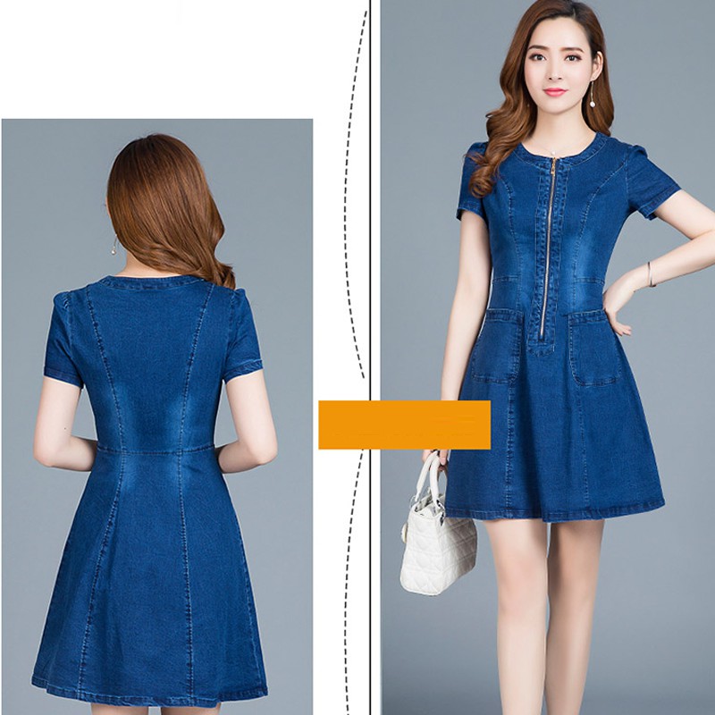 Đầm jean wash cổ tròn dây kéo phối túi có size M đến XXL