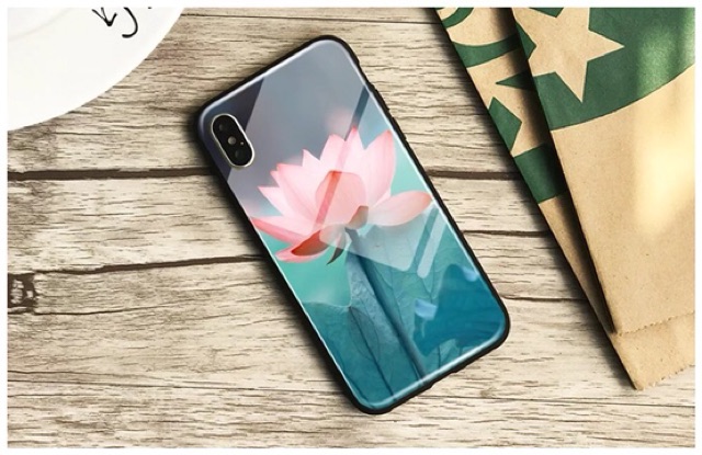 Ốp Lưng Kính Bóng Hoa Sen 13ProMax 12ProMax 11ProMax XSMAX X XS 7Plus FUKISHOP