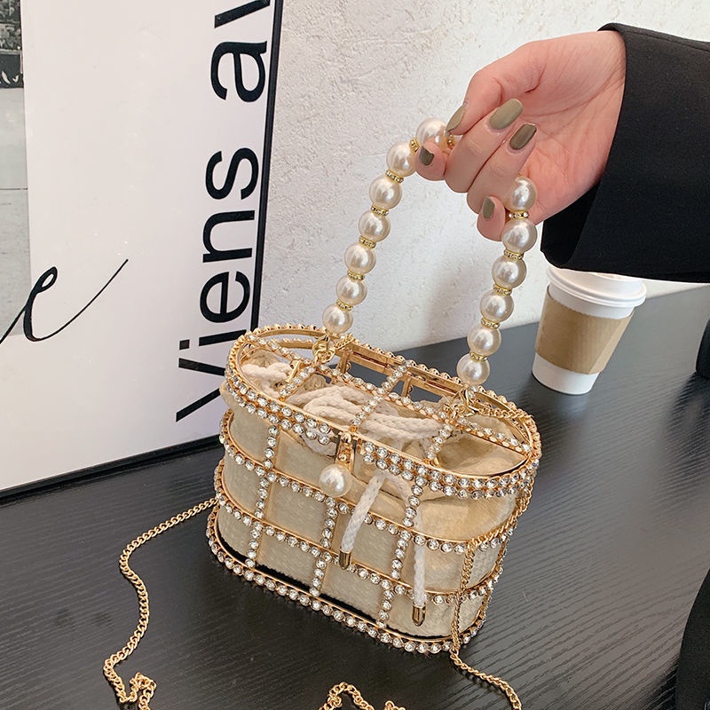 Túi Đeo Vai Đính Đá Lấp Lánh Phối Dây Xích Ngọc Trai Sang Trọng Thời Trang Mới