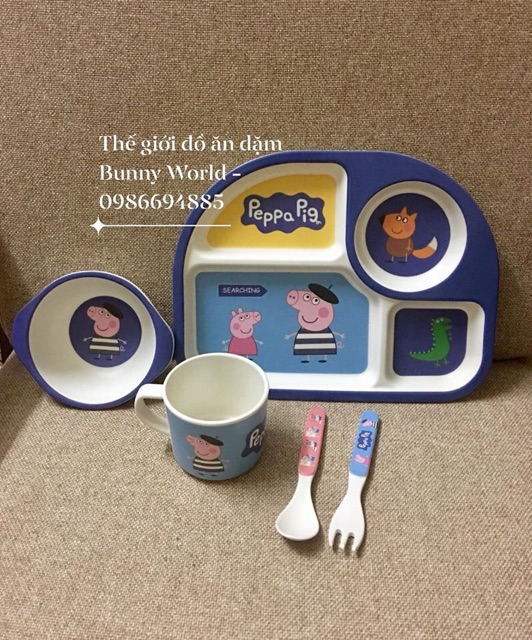 Bộ khay và bát ăn 5 chi tiết hình Peppa pig - ảnh thật