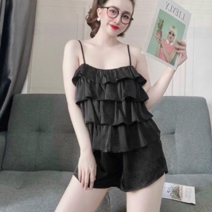 Đồ Bộ Nữ Lụa Satin Cao Cấp Phối Bèo 4 Tầng 2 dây Cực Sexy Và Thoáng Mát Mặc Nhà Mặc Đi Ngủ