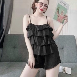 Đồ Bộ Nữ Lụa Satin Cao Cấp Phối Bèo 4 Tầng 2 dây Cực Sexy Và Thoáng Mát Mặc Nhà Mặc Đi Ngủ