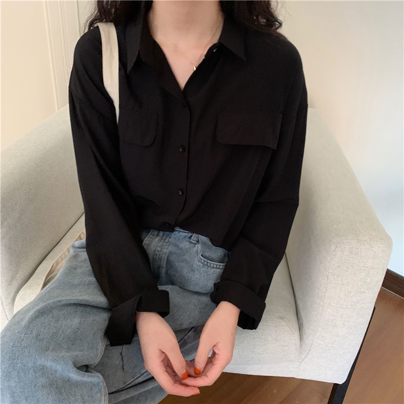 Áo Sơ Mi Nữ Dài Tay Cổ Bẻ Form Rộng Màu Trơn Thời Trang Hàn