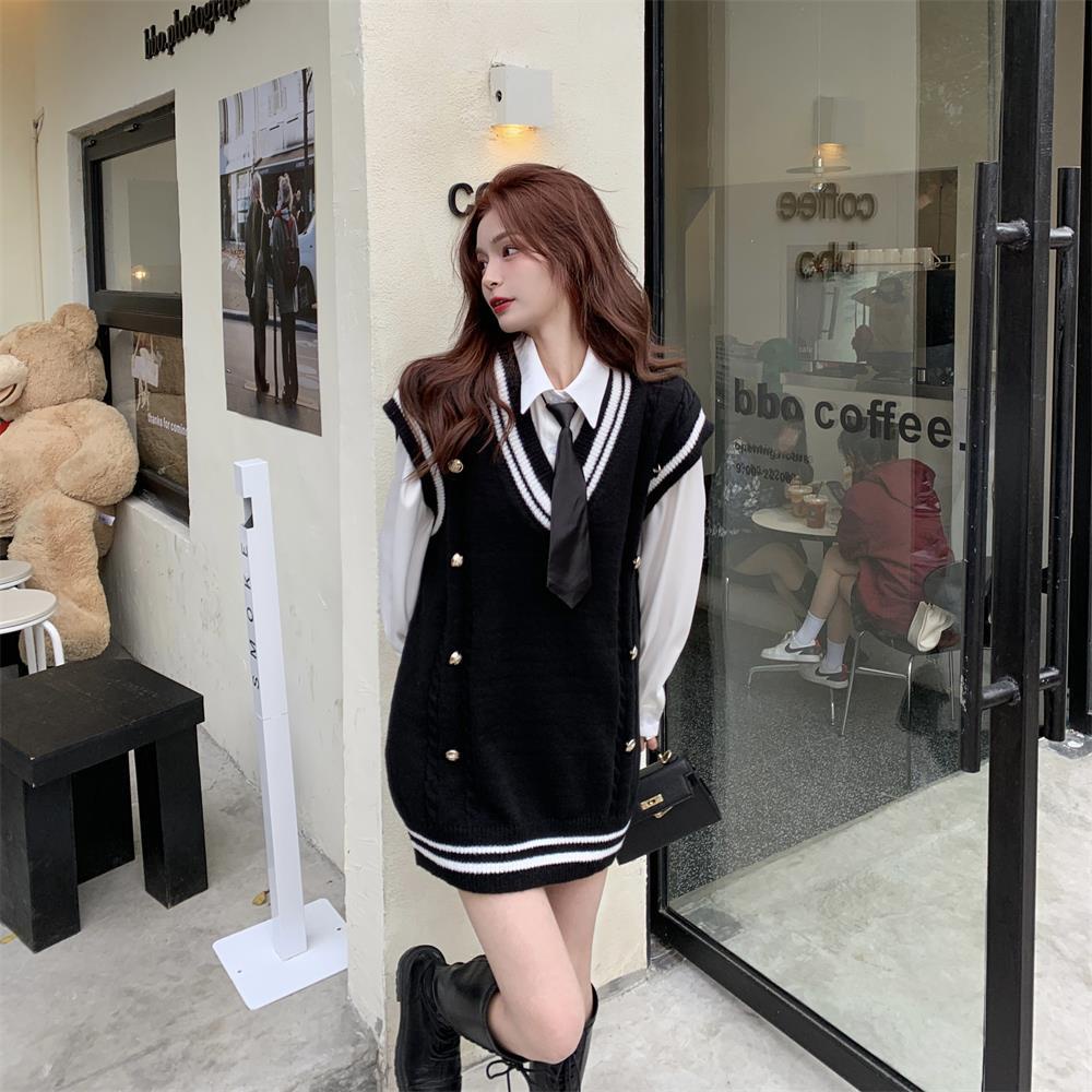 Bộ Áo Sơ Mi Dài Tay + Áo Khoác Dệt Kim Màu Sắc Tương Phản Phong Cách Retro Hàn Quốc Cho Nữ