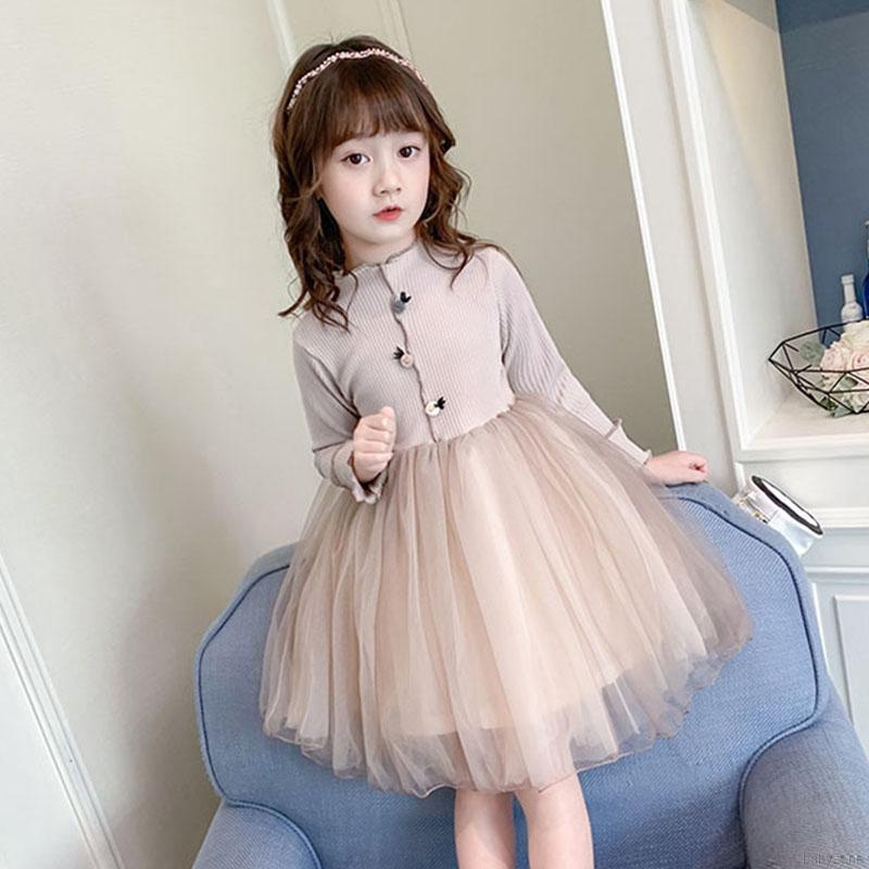 Váy Thời Trang Tay Dài Phối Len Đáng Yêu Cho Bé Gái