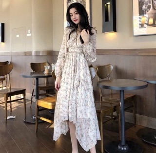Đầm Maxi đi biển hoa văn bo eo