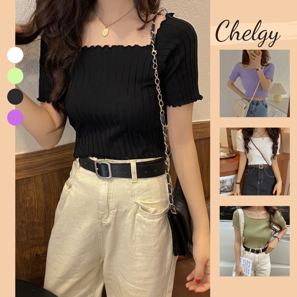 Áo croptop nữ Chelgy Freesize thiết kế tay ngắn trễ vai chất vải thun len mỏng co giãn phong cách Ulzzang CG-CRT01