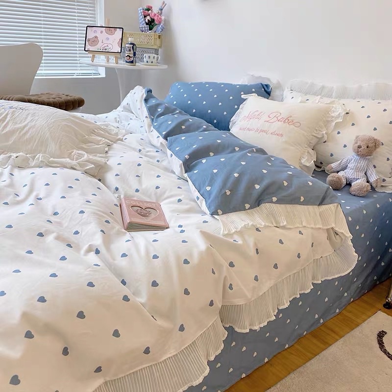 Set Chăn Ga Cotton Viền Bèo Tim Cực Sang Chảnh Dày Dặn Thoáng Mát 5 Mẫu Siêu Xinh (Shinbedding.shop)