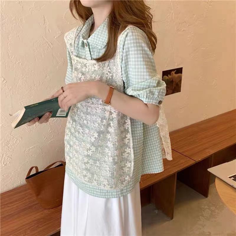 Set Áo Sơ Mi Tay Phồng Kẻ Sọc Caro Thời Trang Mùa Hè Mới Cho Nữ