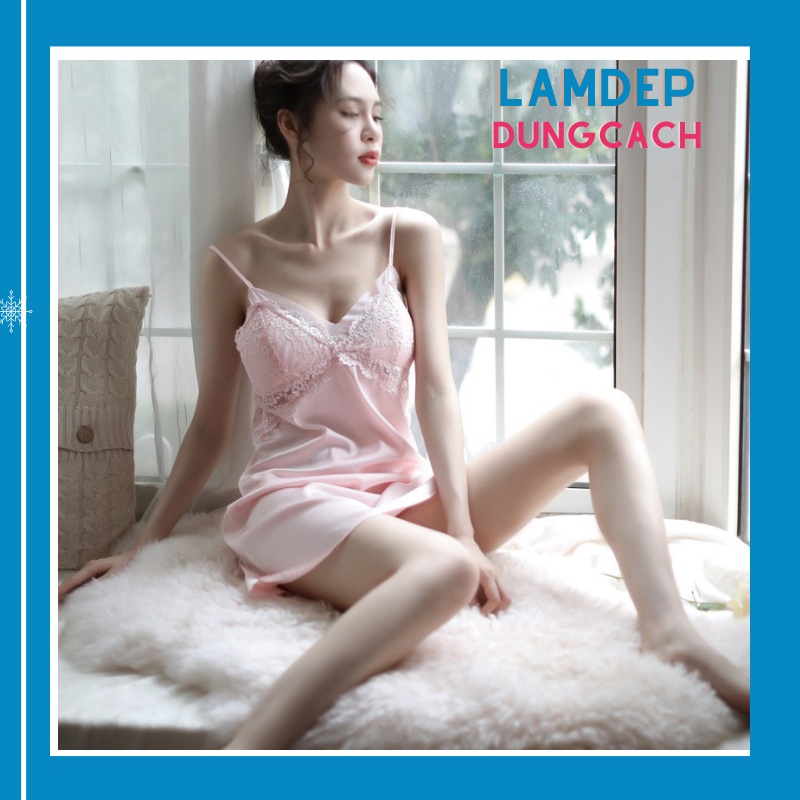 Váy Đầm ngủ lụa ren hai dây có mút ngực sexy Pha Ren LAMDEPDUNGCACH-SDN1161