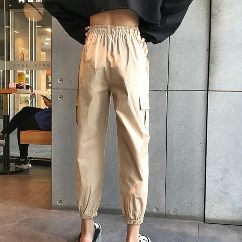 Quần dài lưng cao màu trơn phong cách Harajuku cho nam và nữ