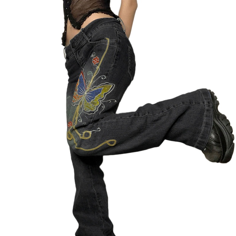 Quần Jean Ống Rộng Lưng Thấp Họa Tiết Bướm Nhiều Màu Sắc Phong Cách Harajuku Cho Nữ