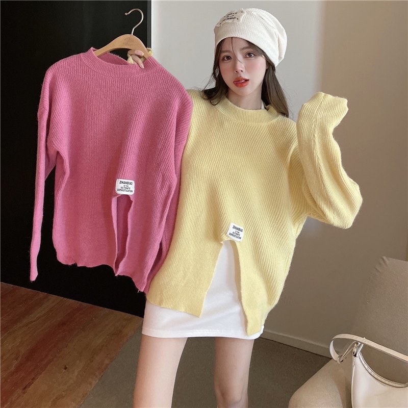 Áo sweater ZHELIHANGFEI tay dài dáng rộng xẻ tà phong cách sang trọng