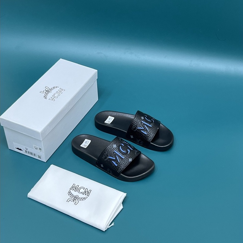 Dép lê quai ngang MCM đen logo thêu da fullbox size 38-43