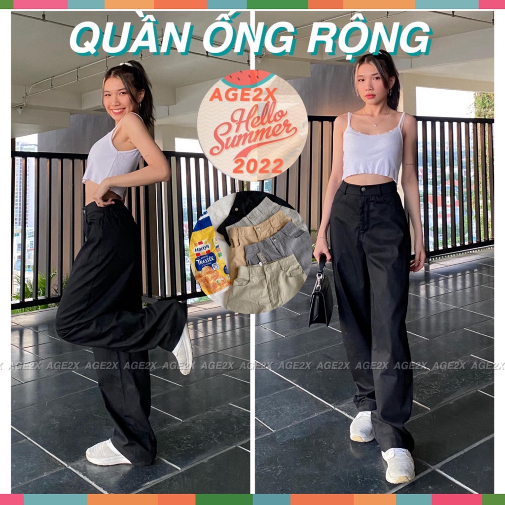 Quần ống rộng suông nữ lưng cao khóa trước 1 khuy vải kaki cotton mềm mát chính hãng AGE2X
