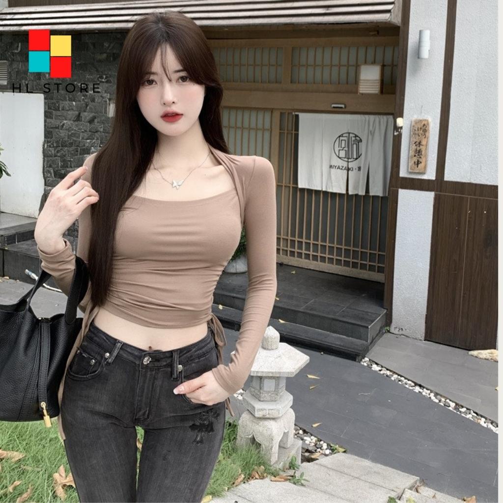Áo croptop ❤️ Áo thun nữ dáng ôm tay dài rút dây phong cách Ulzzang Hải Lan Store HL04