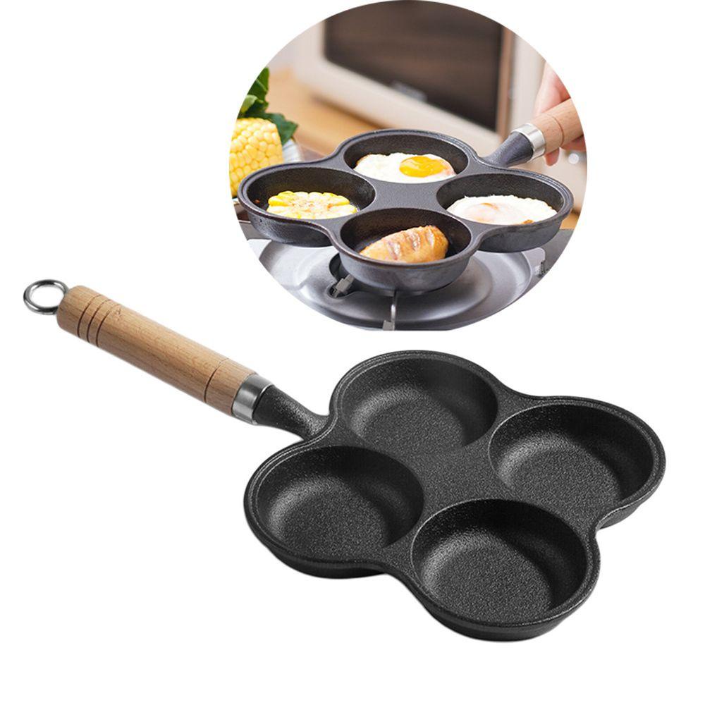 GOGOUP Set 3 Chảo Chiên Trứng 4 Lỗ Không Khói Tay Cầm Bằng Gỗ