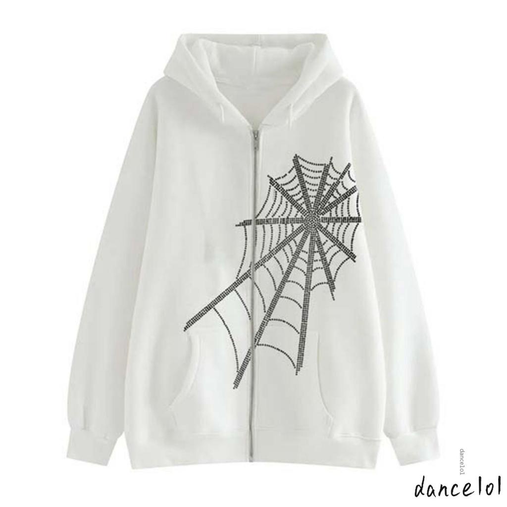 Áo Khoác Nhảy Múa Tay Dài Có Dây Kéo Hình Mạng Nhện Đính Đá 1O1-Y2k