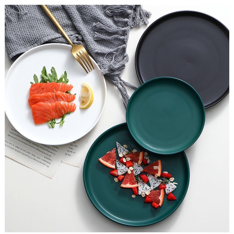 Đĩa tròn phẳng trắng/đen men mờ phong cách Bắc Âu - Sứ cao cấp, đĩa nhà hàng xuất Âu