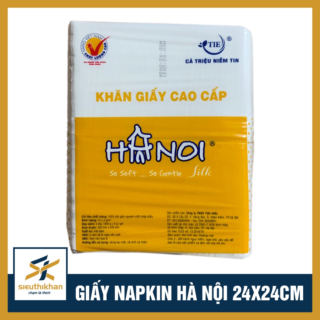 Giấy ăn Napkin Hà Nội Silk kích thước 24x24cm, 3 lớp, 100% bột giấy nhập khẩu