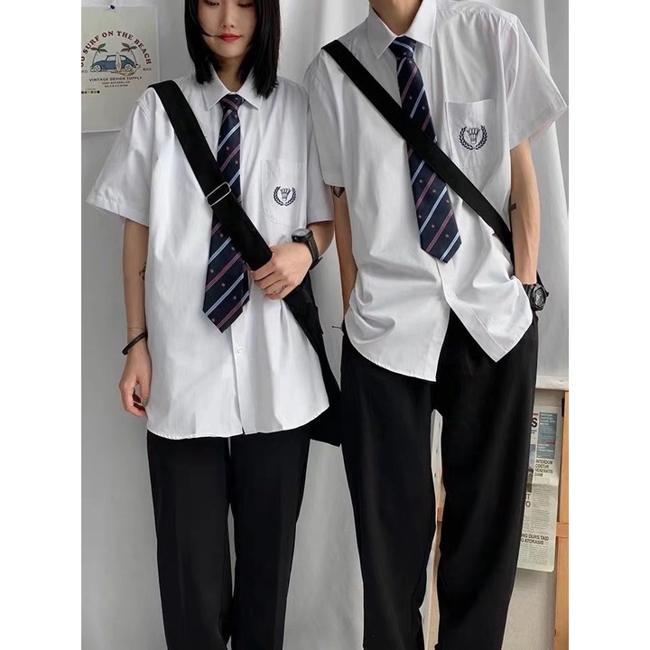 Kèm ảnh thật_Áo Sơ Mi Tay Lỡ Kèm Cà Vạt Phong Cách Học Sinh Hàn Quốc Ulzzang Unisex Nam Nữ Đồng Phục Nhật